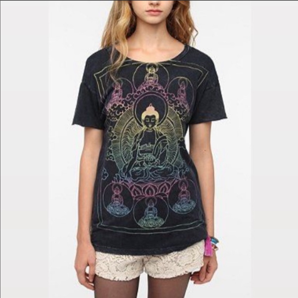 COPY - COPY - Black Marbled Graphic Tee with Rainbow Detail